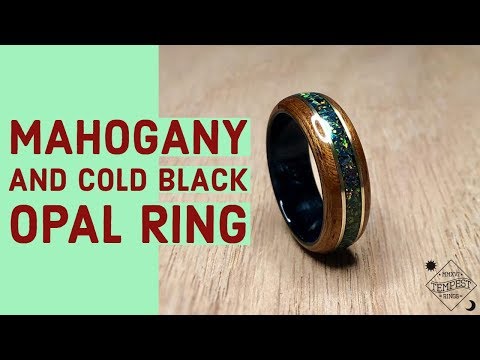 Mahogany Wood with Cold Black Bello Opal and Brass Bentwood Ring