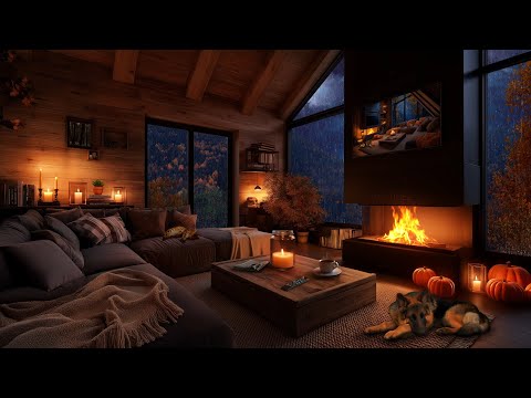 Autumn Thunderstorm & Heavy Rain | Cozy Living Room with Fireplace, Pumpkins, Cat & Dog