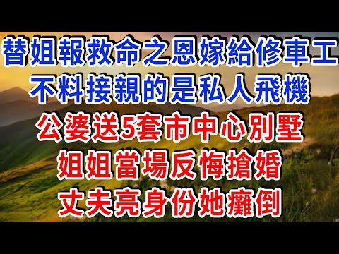 替姐報救命之恩嫁給修車工，不料接親的是私人飛機！公婆送5套市中心別墅，姐姐當場反悔搶婚，丈夫亮身份她癱倒！#雅婷講故事#為人處世#生活經驗#情感故事#晚年哲理#說故事#完結文#出軌