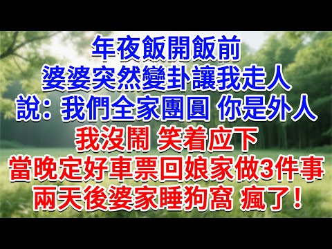 年夜飯開飯前，婆婆突然變卦讓我走人，說：我們全家團圓 你是外人！我沒鬧 笑該下，當晚定好車票回娘家做3件事 ，兩天後婆家睡狗窩 瘋了！#為人處世#生活經驗#情感故事#故事#小說#戀愛#情感#婚姻
