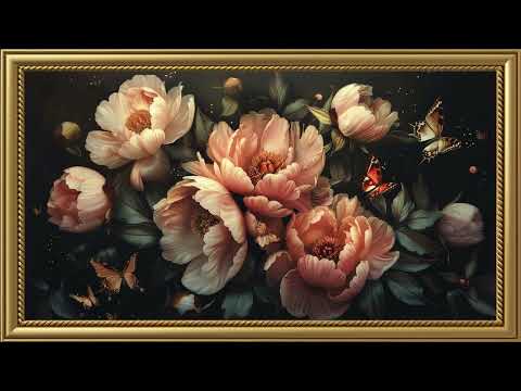 Vintage Peonies and Butterflies Painting | Gold Frame TV Art Screensaver for TV Wallpaper