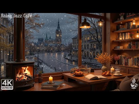 Relaxing Jazz for Reading 📖 Winter Coffee Shop & Fireplace | Quiet Ambience 4K