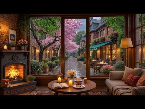 Quiet Spring Rain in Café Shop ☕ Cozy Jazz Piano & Rain Sounds for Study & Work