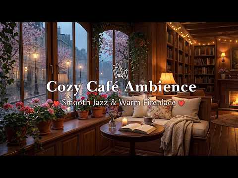 Cozy Bookstore Café Ambience ☕ Rainy Spring Day & Smooth Jazz & Warm Fireplace for Reading, Calm