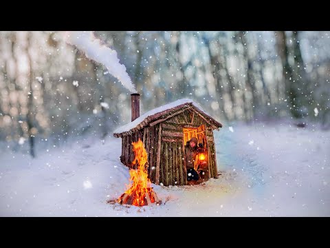 Winter Overnight Stay in a Warm and Cozy Log Cabin for Survival | Bushcraft Survival