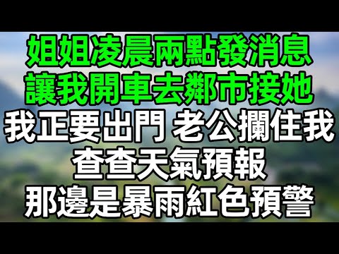 姐姐凌晨兩點給我發消息 讓我開車去2千公里外的鄰市接她 我正要出門 老公攔住我：查查天氣預報 那邊是暴雨紅色預警#夜讀人生 #情感故事  #大橘讲故事 #講故事  #幸福生活 #深夜淺讀 #深夜故事