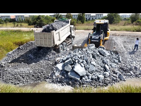 Great !! fill Huge region using stone, Operator Bulldozer & Large Trucks 10-wheel In process