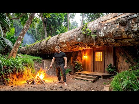Full Video: 30 Days Building a Cozy Wooden Cabin Under a Giant Fallen Tree | Bushcraft Survival
