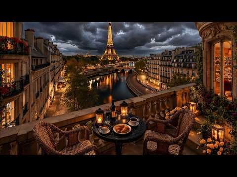 Quiet Night Jazz in Paris ☕ Eiffel Tower Balcony Café Ambience & Relaxing Jazz for Focus & Work
