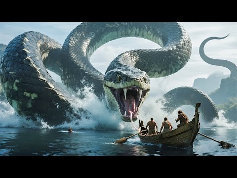 River of Death! Primeval serpent bursts from depths, giant wave engulfs human boat