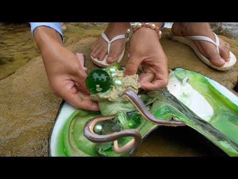 👉🐍😱 Beauty and Snake Fight! Found green mutated giant clams in the wild and extracted large pearls 💎