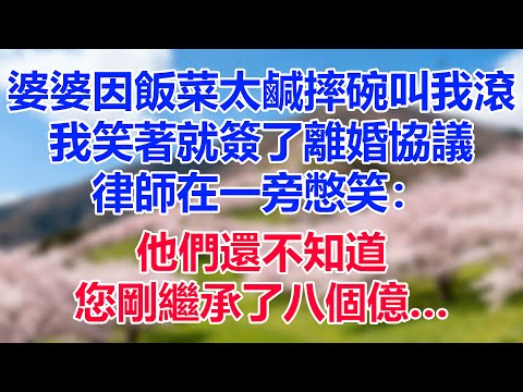 婆婆因飯菜太鹹摔碗叫我滾，我笑著就簽了離婚協議，律師在一旁憋笑：他們還不知道，您剛繼承了八個億…