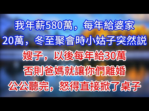 【完結】我年薪580萬，每年給婆家20萬，冬至聚會時小姑子突然説：嫂子，以後每年給30萬，否則爸媽就讓你們離婚，公公聽完，怒得直接掀了桌子