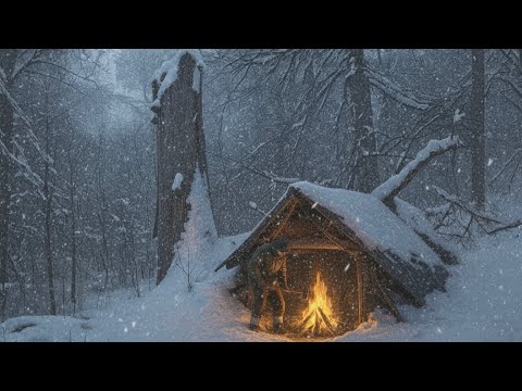 Solo Winter Bushcraft Survival in the Wild Forest | Heavy Snow & Rainstorm,Fire-Cooked meat 