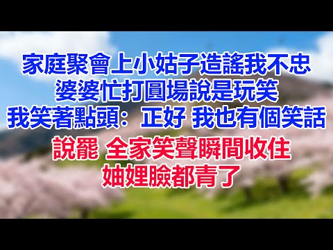 家庭聚會上小姑子造謠我不忠，婆婆忙打圓場說是玩笑。我笑著點頭：“正好，我也有個笑話。”說罷，全家笑聲瞬間收住，妯娌臉都青了。