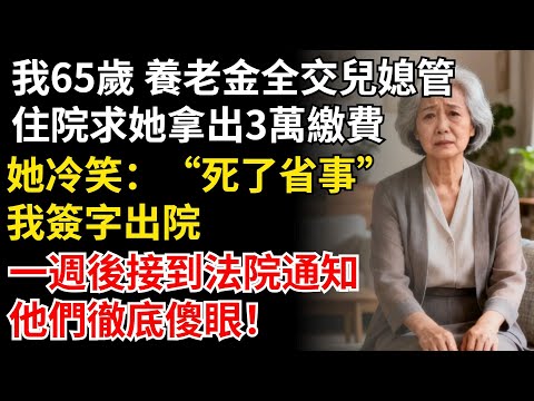 【我65歲】我把養老金全交兒媳管，住院求她拿出3萬繳費，她冷笑：“死了省事”，我簽字出院，一週後接到法院通知，他們傻眼了！#晚年生活#中老年生活#情感故事#上了年紀該明白的事#智慧人生#人生感悟