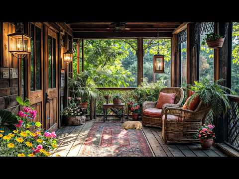 Cool Morning on a Flower-Filled Porch 🌿 Wicker Sofa, Sun Rays & Garden Peace | Relaxing 4K