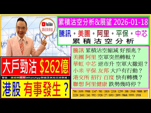 大戶勁沽$262億 港股有事發生？🤔/騰訊 沽空縮減 好預兆？😘/美團 阿里 空軍轉軚？🙄/華虹 中芯 空軍大撤退？🤗/小米 平保 友邦 大戶有行動😜/港交所 招行 快有轉機？🤑/2026-01-18