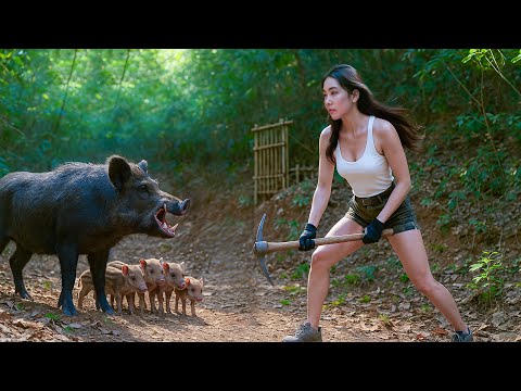 Solo Bushcraft Overnight: Rescue the Goat and a Herd of Wild Boars Caught in a Trap