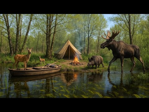 Lonely camping on an island, fishing, hut for spending the night among wildlife