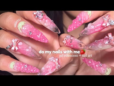 do juicy strawberry nails with me 🍓 summer nails, 3D nail art, gel extensions