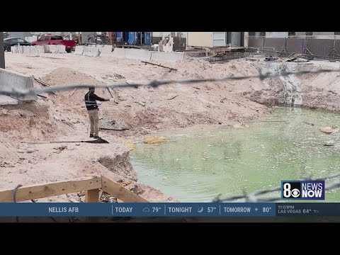 Vegas Loop site crews hide apparent pond, tell public not to look over fence near Las Vegas Strip