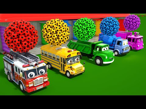 Learn colors, School Bus Washing Colorful soccer balls - Wheels On the Bus song - Nursery Rhymes
