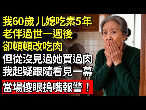 我60歲，媳婦吃素5年，老伴過世一週後，卻頓頓改吃肉，但從沒見她買過肉，我起疑跟隨看見廚房一幕，當場傻眼摀嘴報警#退休金#養老#慧心家務#老人社#人間家務