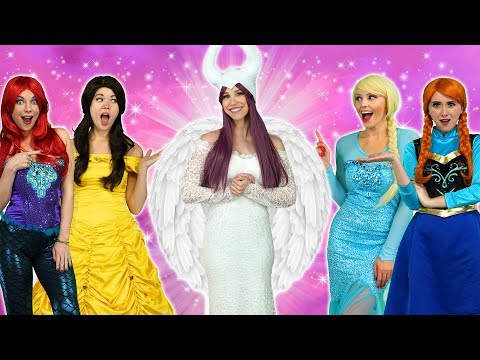 MALEFICENT TURNS GOOD. With Elsa, Belle, Ariel, Elsa, Rapunzel and Anna,