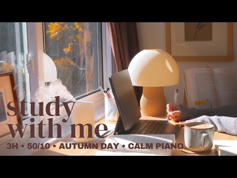 🍁 3-HOUR STUDY WITH ME ☀️ Sunny Autumn Morning | 🎹 Calm Piano Music | Pomodoro 50/10