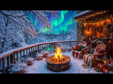 Relaxing Christmas Winter Night Porch Ambience βοΈπ₯ Cozy Fire Pit, Northern Lights & Wind Sounds