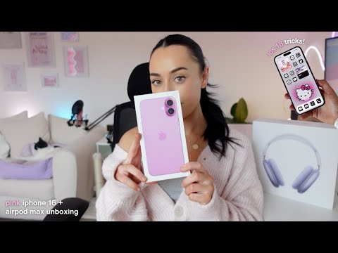 pink iphone 16 plus + purple airpod max unboxing | iOS 18 customisation