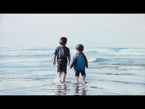 Watercolor painting of boys on a beach
