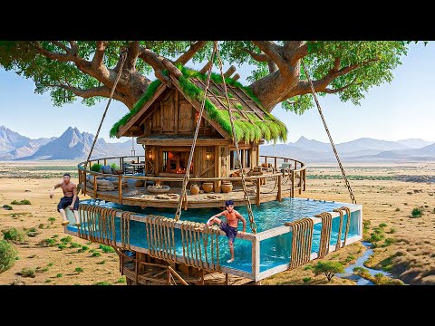 Building a Suspended Sky-High Treehouse Lodge 300m Above Ground Using Primitive Tools