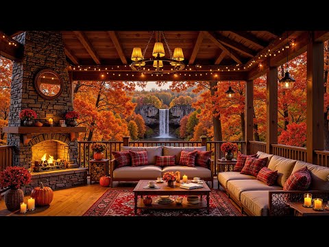 🍁Smooth Jazz Music & Fireplace Crackle in Peaceful Fall Porch Serenity by the Waterfall to Calm Mind