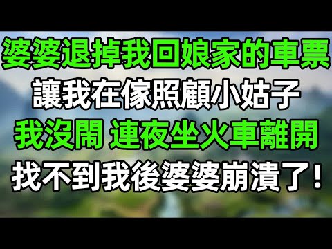 婆婆和小姑子偷偷退掉我囘娘家的車票，讓我在家照顧懷孕的小姑子。我沒閙！連夜坐火車離開，找不到我後婆婆崩潰了！#情感故事 #爽文 #婆媳 #情感故事 #老年生活