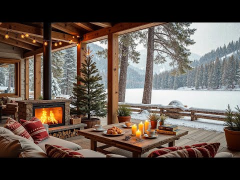 Winter Lakeside Porch with Fireplace Ambience  🔥 Relaxing Jazz Instrumental Music for Study, Work