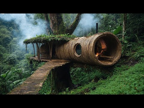Building A Warm Survival Shelter Inside A Log Trunk | Underfloor Heating & Clay Fireplace