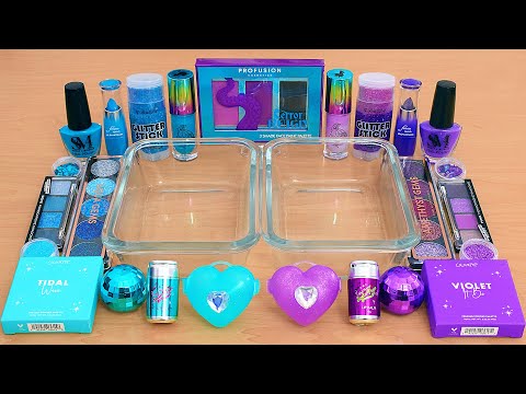 Purple vs Teal - Mixing Makeup Eyeshadow Into Slime ASMR