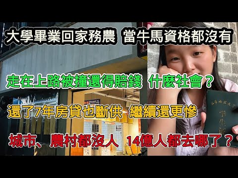 大學生畢業回老家務農，人走在路上被撞反而得賠錢，在中國訥人太容易了，還了7年房貸也斷供，繼續還更慘，城市、農村都沒人，14億人都去哪兒了？