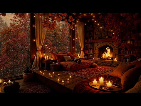Fireside Warmth in the Autumn Forest | Jazz & Rain for a Peaceful Escape