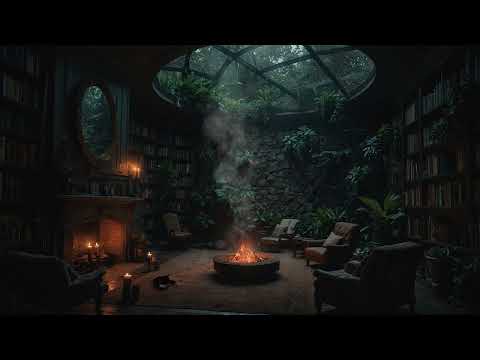 Rainy Dystopian Library Ambience | Relaxing Music, Rain Sounds & Crackling Fire for Calm Focus