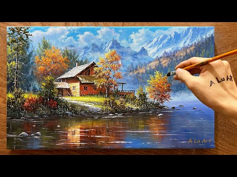 How to draw landscape painting "#51"/ Drawing landscape of house next to lake / Acrylic painting