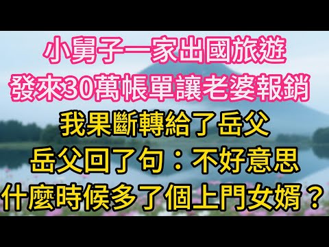 小舅子一家出國旅遊，發來30萬的帳單讓老婆報銷，我果斷轉給了岳父，岳父回了句：不好意思，我什麼時候多了個上門女婿？