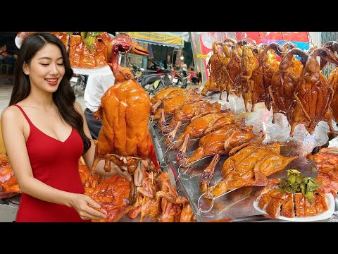 The wife helps her husband sell the best whole roast duck in the market, cuts the duck super fast