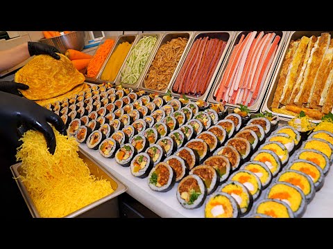 Traditional Korean food! It's so full I could burst. Korean Egg Omelette Gimbap / Korean street food