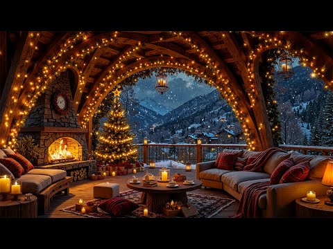 Smooth Christmas Jazz Music for Relax, Work, Sleep 🎄 Christmas Balcony Ambience with Fireplace Glow