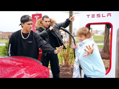 Crazy Lady follows us and ATTACKS our Tesla!