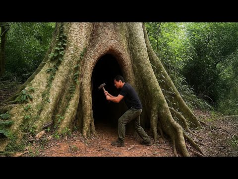 Alone in the Forest: Building a Hidden Shelter INSIDE a GIANT Hollow Tree