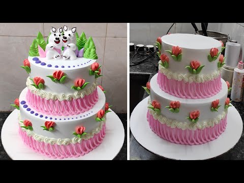 Two Step Beautiful Birthday Cake For Girl|Girl Birthday Cake Teddy Bear Decoration with Cream